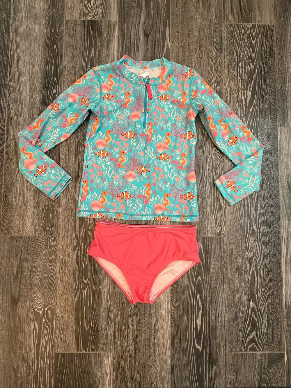 Kids Long Sleeve Rash Guard Swim Set in Teal & Coral